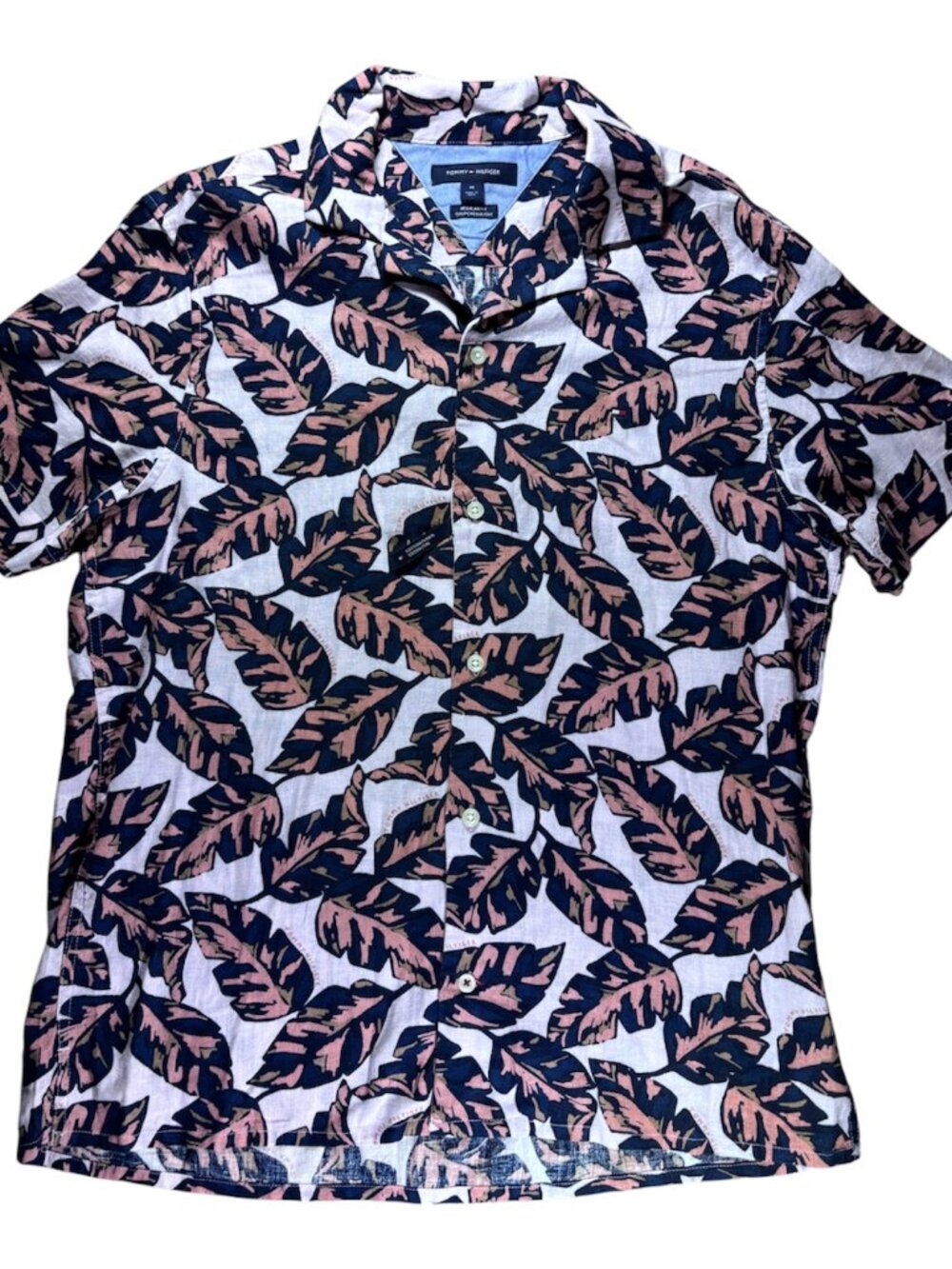 Tommy Hilfiger Men's Linen Cotton Navy Peach Botanical Shirt M (321)